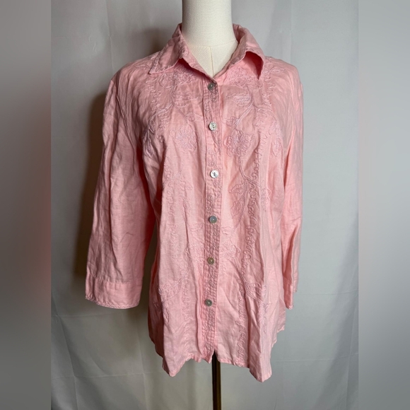 Edward Pink 100% Irish Linen Button Up Collared Shirt Sz Large  Embellishment - Picture 1 of 10